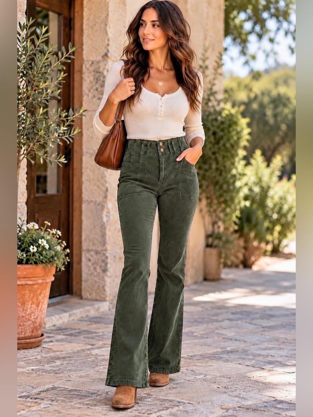 We The Free Jayde Cord High Rise Flare Corduroy Pants Green 31 NWOT 70s Retro